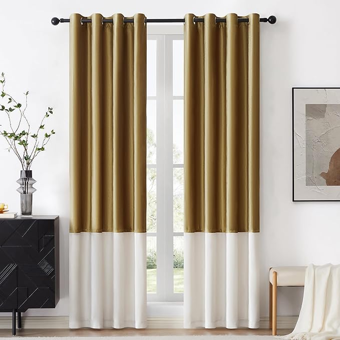 BULBUL Color Block Window Curtains Panels 102 inches Long Gold Ivory Velvet Farmhouse Drapes for Bedroom Living Room Darkening Treatment with Grommet Set of 2