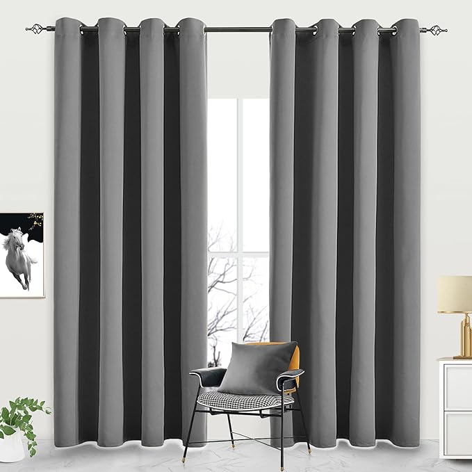 Blackout Curtains for Bedroom Thermal Insulated Light Blocking Room Darkening Curtains Solid Grommet Window Drapes for Living Room, Set of 2 Curtain Panels 52 W x 84 L inch Long Dark Gray