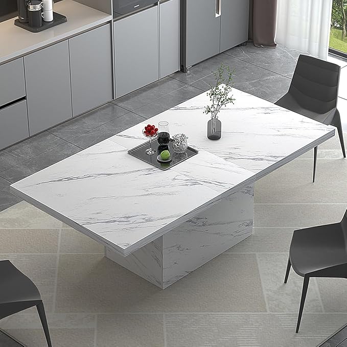 HSH 71” White Faux Marble Dining Table, Rectangle Modern Dinner Kitchen Table for 6-8, Farmhouse Long Kitchen Furniture for Living Room, Industrial Wood Dining Room Table with Sturdy Base