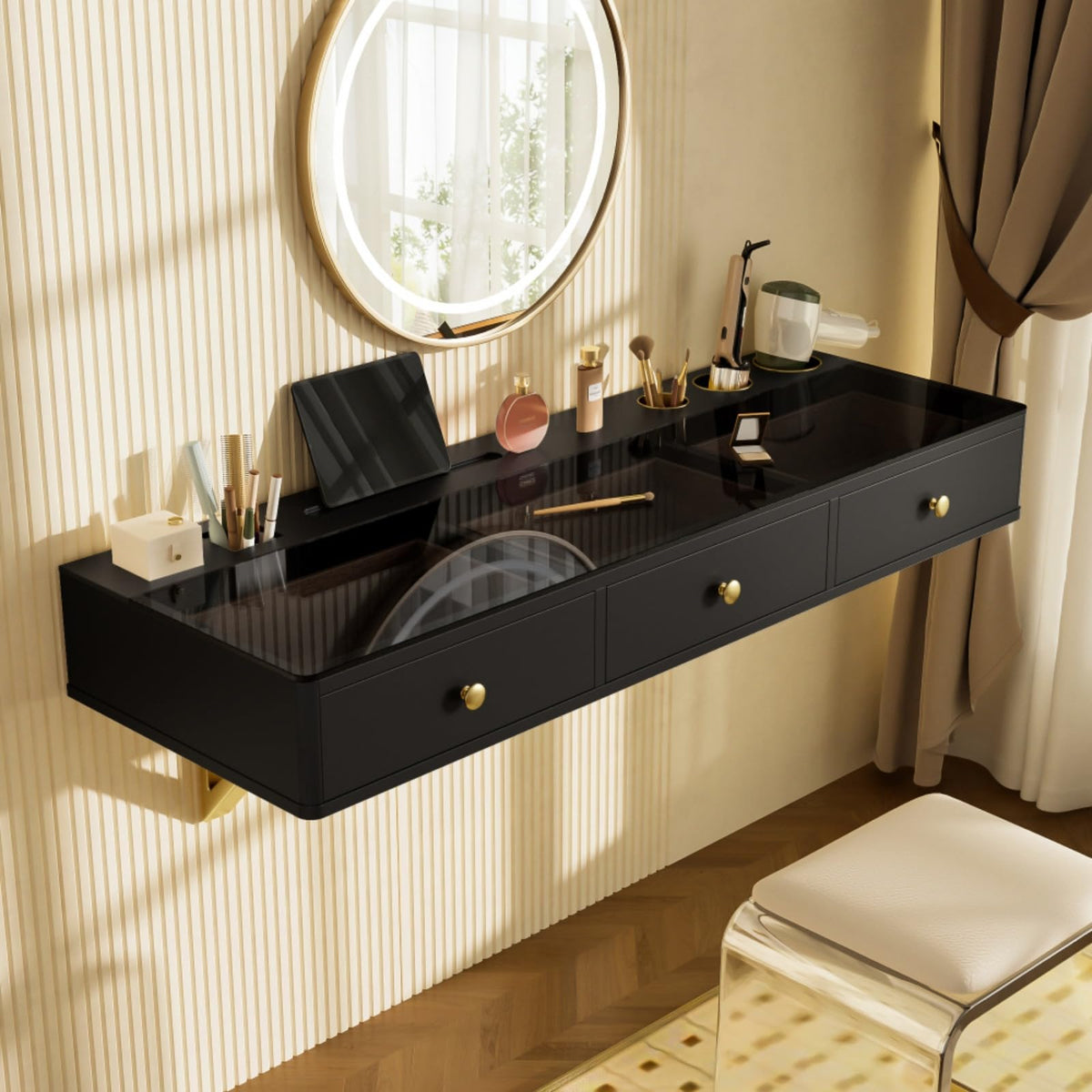 Hassyee 47" Floating Shelf with Drawer, Wall-Mounted Vanity Table & Desk, Multi-Purpose Floating Table for Bedroom Bathroom, Black and Gold Finish, Space-Saving Wall Desk
