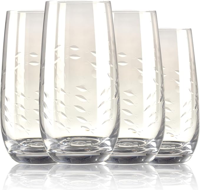 Hand-Carved Fish Highball Glass Set of 4 – Artistic Handmade Whiskey & Water Drinking Glasses with Intricate School of Fish Design – Durable 17oz Tumblers for Everyday Use, Gifts, or Cocktails