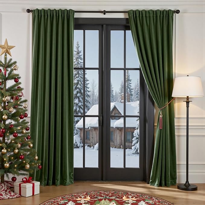 Lazzzy Velvet Green Curtains 108 Inches Long Black Out Thermal Insulated Room Darkening Curtain Drapes Luxury Back Tab Window Treatments for Bedroom Living Room 2 Panels, 52 x 108 Inch, Moss Green