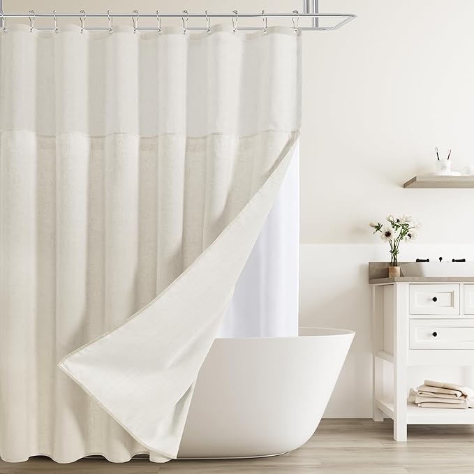 Naturoom Long Shower Curtain with Liner 78 Length Beige Linen Shower Curtain and Liner Set Heavy Duty Textured Cloth Cream Burlap Double Bath Curtains with Mesh Top Window Country Style Decor