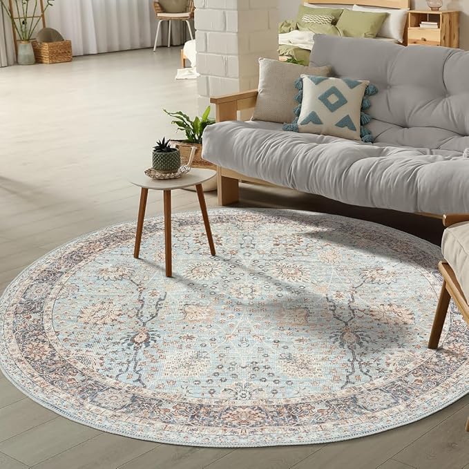 GLN Rugs Traditional Collection - Machine Washable Area Rug, Traditional Washable, Non Slip, Low Pile Chenille Rug, Living Room, Bedroom, Kitchen Rug (5'3" Round Blue Floral)