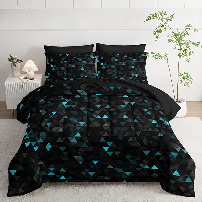 Geometric Turquoise Black Triangle Full Comforter Set, Light Honeycomb Bedding Set 7 Piece in A Bag,Bed Sheet Set Geometry Decor,Microfiber Lightweight All Season