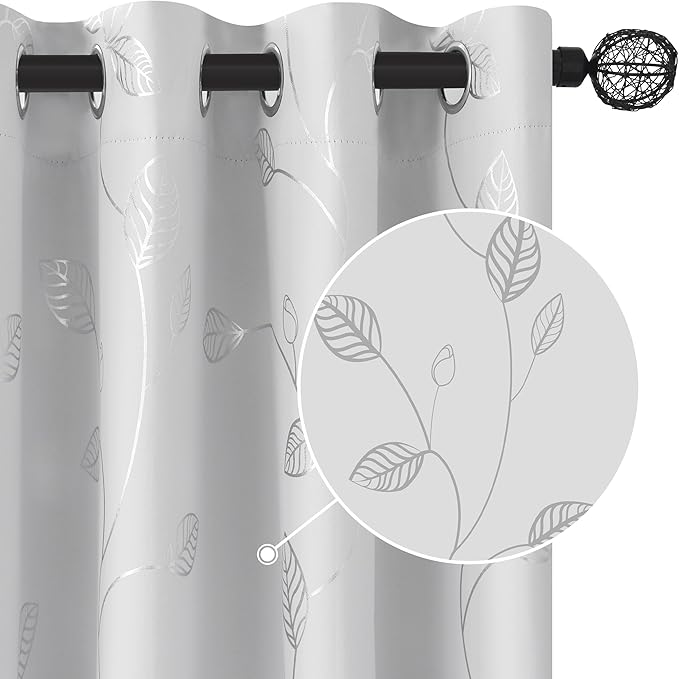 BUHUA Wave Silver Leaf Print Blackout Curtains for Living Room Darkening Curtains Light Blocking Curtains for Bedroom 66W×84L Greyish White 2 Panels