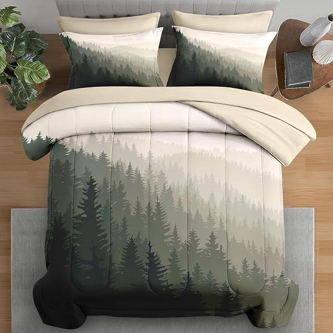 Comforter Set Twin Size, Mountain Pine Tree 5 Pcs Bedding for Kids and Adults, Natural Forest Landscape Bed Sheet Sets with Fitted Sheet Pillowcase & Sham