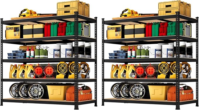 48" W x 24" D x 72" H Garage Shelving Heavy Duty: 5 Tier Metal Storage Shelves - Adjustable Shelving Unit, Utility Rack Shelf for Pantry, Warehouse, Office, Kitchen, Black, 2PCS