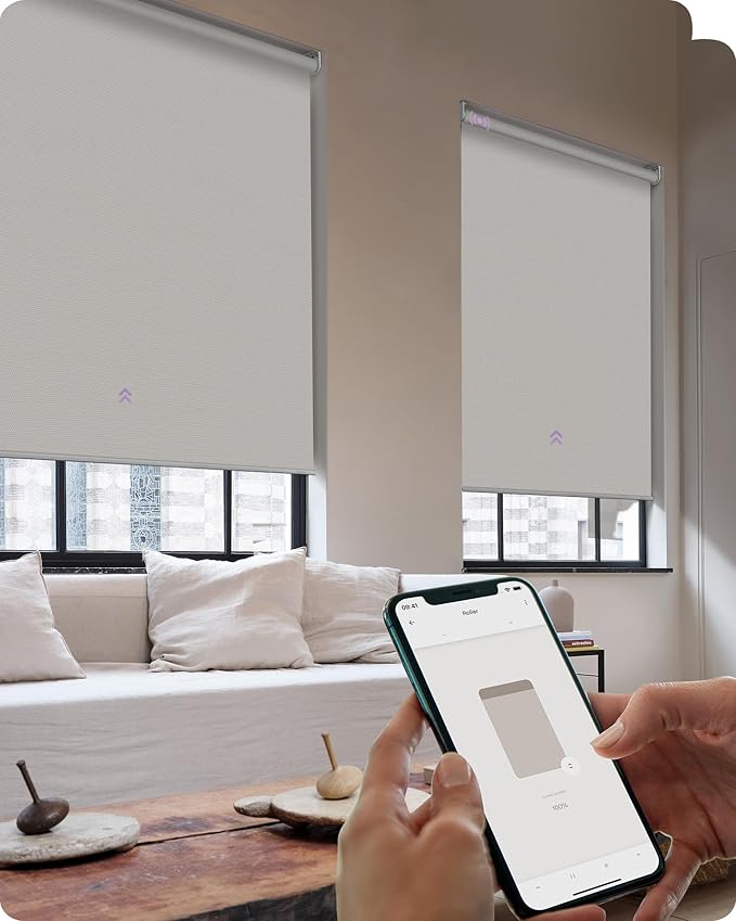 Graywind Smart Roller Shades 100% Blackout Window Blinds with APP Control Customized Automatic Shades for Home and Office(27" Wx72 H,White)