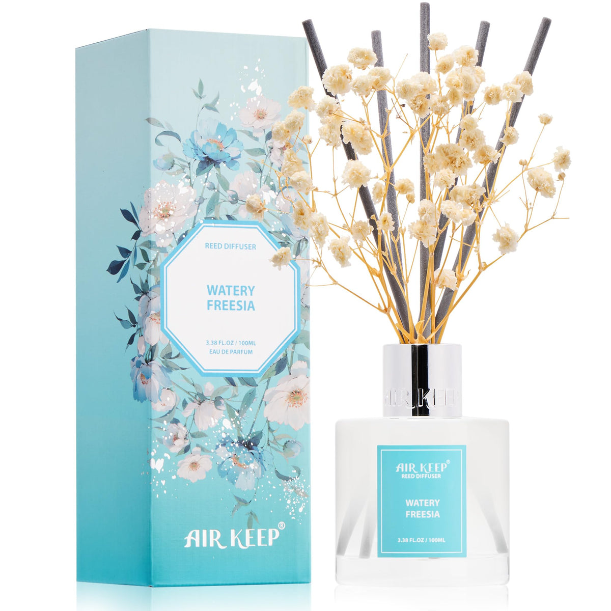 Airkeep Reed Diffuser Set,3.38 fl oz (100 ml) - Watery Freesia Oil Diffusers with 8 Reed Sticks, Home Fragrance Reed Diffuser for Bathroom Shelf Decor