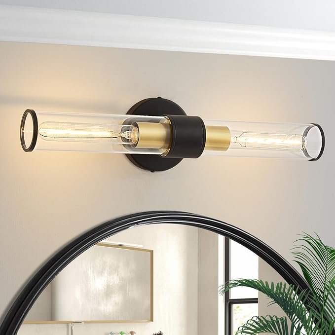 Black and Gold Wall Sconce, Bathroom Light Fixtures in Clear Glass Indoor Wall Sconces, Modern Sconce Wall Lighting Up and Down Vanity Lights Fixtures for Bathroom - Bulb Not Included