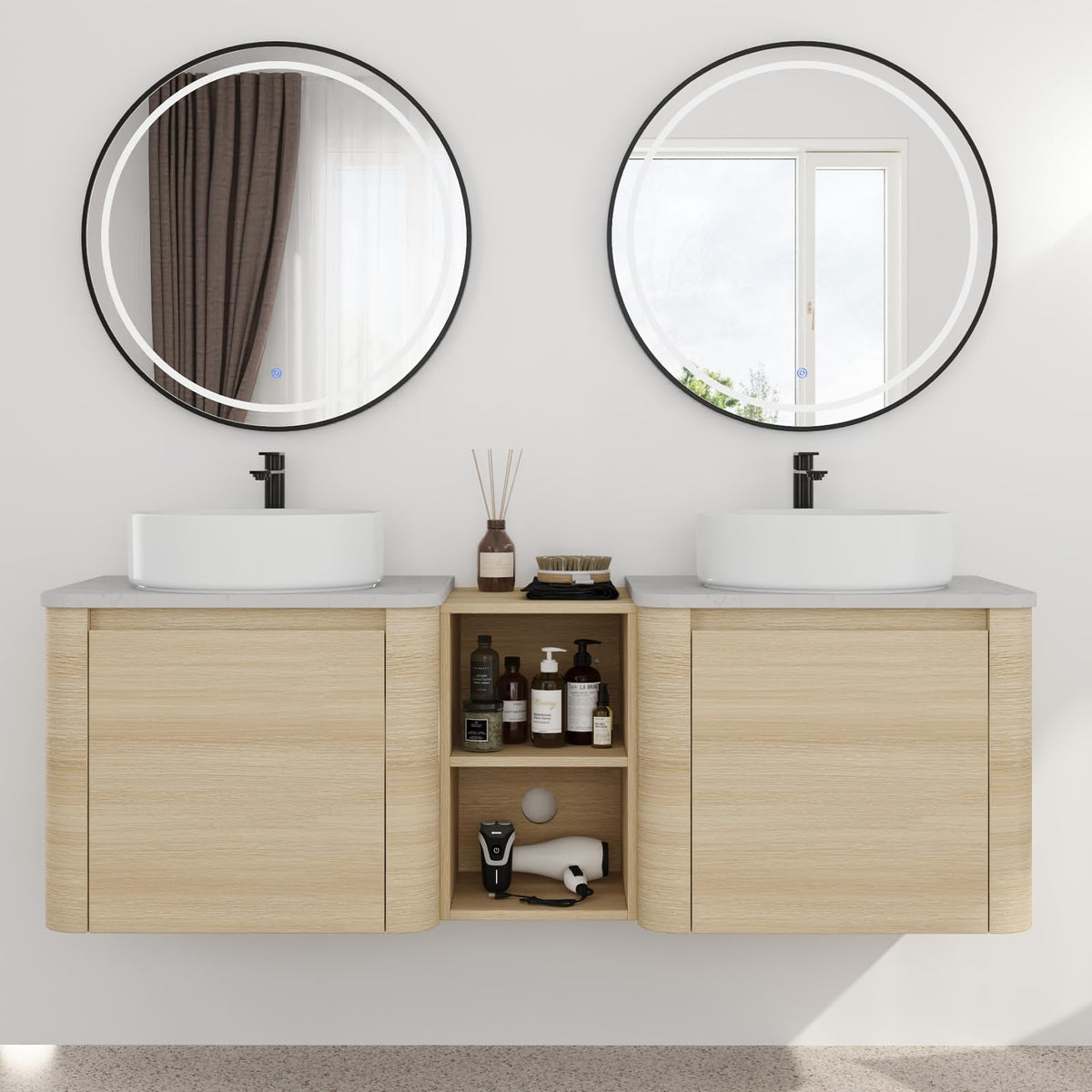 60" Bathroom Vanity with Double Vessel Sink Modern Floating Bathroom Sink Cabinet Combo with Open Shelf, Brown Wall Mounted Storage Cabinet Set with White Basin