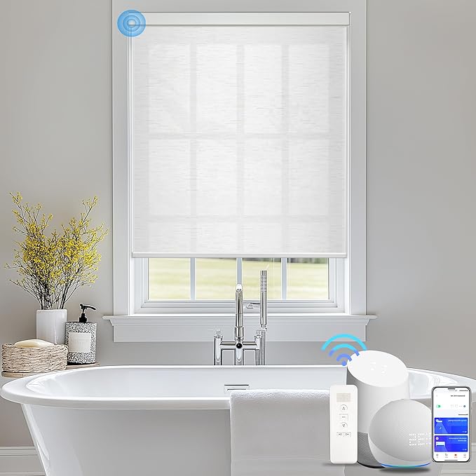 Motorized Blinds with Remote Cordless Automatic Motorized Shades Custom Blinds for Windows Smart Curtains Compatible with Alexa Google Home(Light Filtering Cloud White,W47 x H72in)