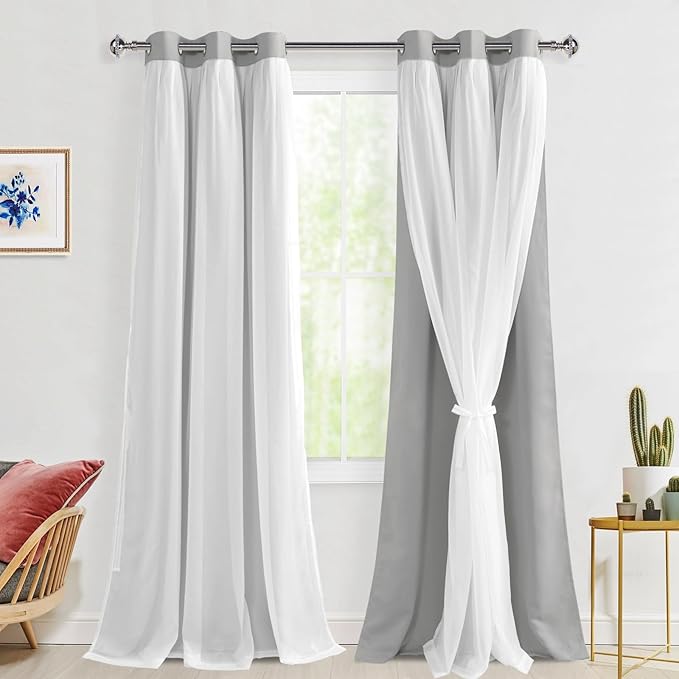 Hiasan Blackout Curtains with Sheer Overlay Mix & Match Double Layer Blackout Curtains with Tiebacks Thermal Insulated Window Panels 96 inch for Living Room Bedroom, Silver Grey, 42W X 96L,Set of 2