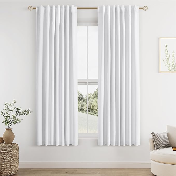 Guken White Linen Blackout Curtains 63 Inch Length 2 Panels Set for Living Room Bedroom Back Tab Thermal Insulated 100% Black Out Linen Drapes Room Darkening Window Curtains Pure White
