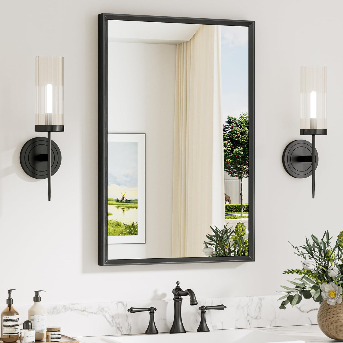 Keonjinn 20 x 30 Inch Black Bathroom Mirrors for Over Sink, Metal Framed