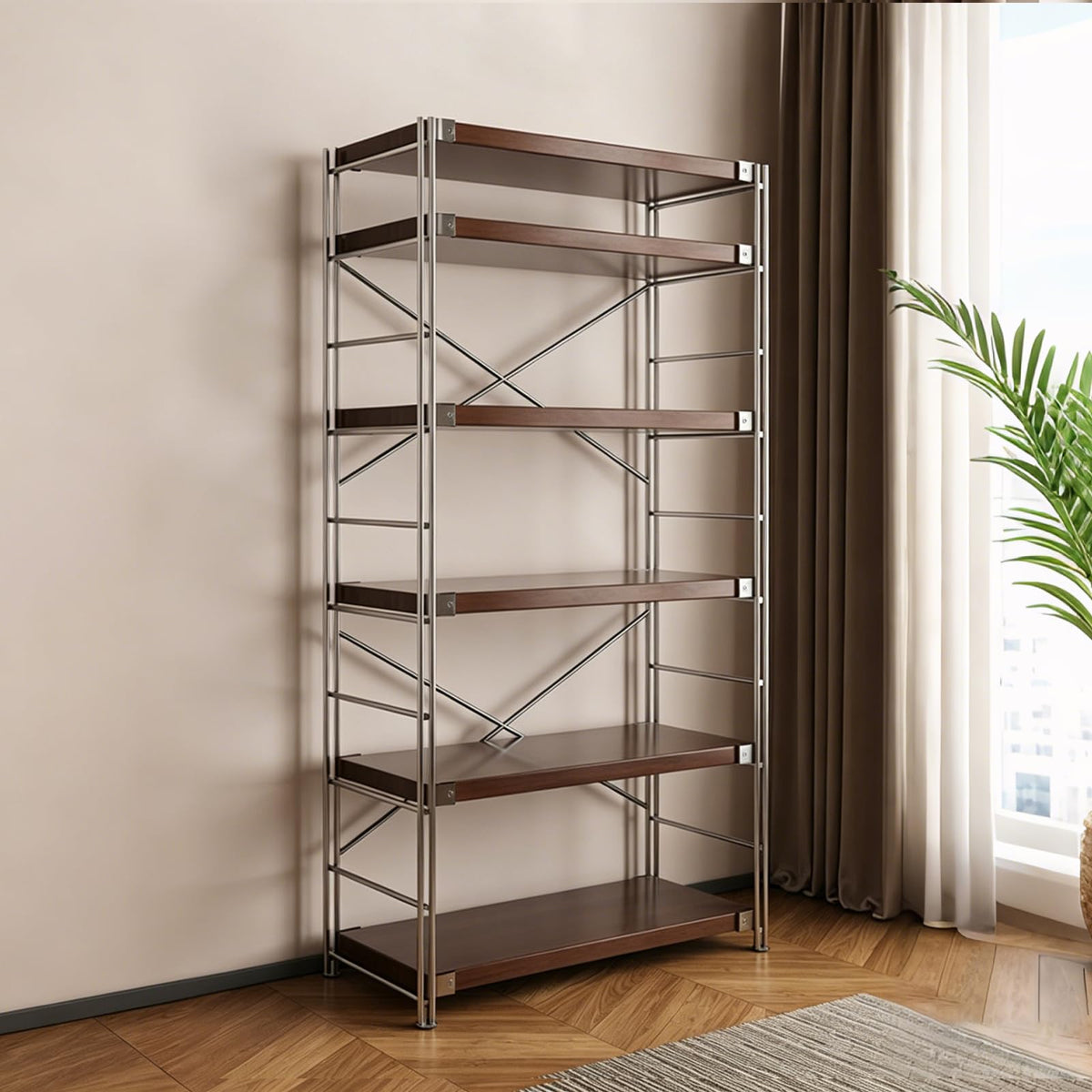 Industrial Bookshelf Adjustable,Rack With Storage Industrial Bookshelf，Modern Open Shelving Unit Book Shelves, Freestanding Wood & Metal Display Shelves, Living Room Storage Organizer, For Bedroom