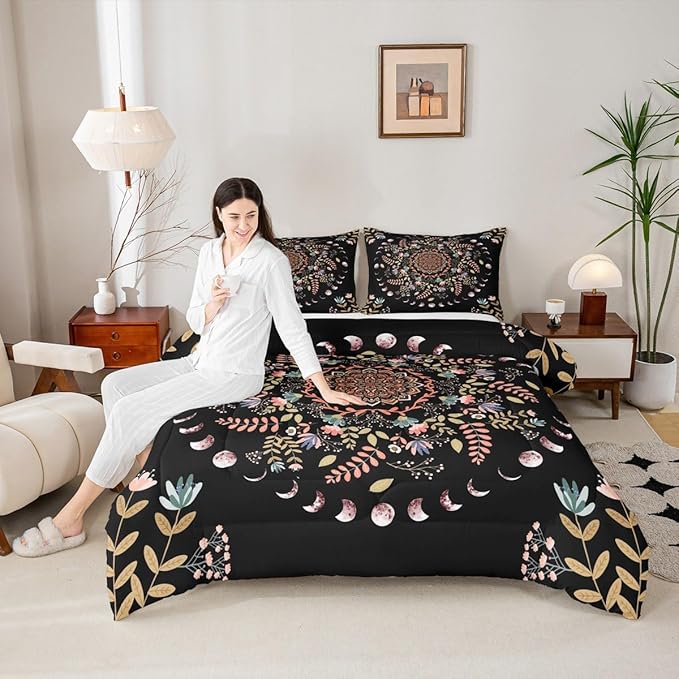 Sun and Moon Kids Comforter Set King Size,Mandala Flowers Leaves Boho Exotic Bedding Set,Boys Girls Adults Room Decor,Starry Sky Datura Trippy Down Comforter,Colorful Duvet Insert,2 Pillowcases