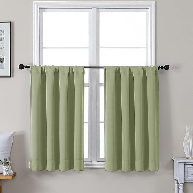 Gwine Short Blackout Curtains 36 Inches Long, Small Curtains Over Sink, Thermal Insulated Room Darkening Drapes for Bathroom Basement Patio Cabinet, 2 PCS, Each 40" Wx36 L, Sage Green