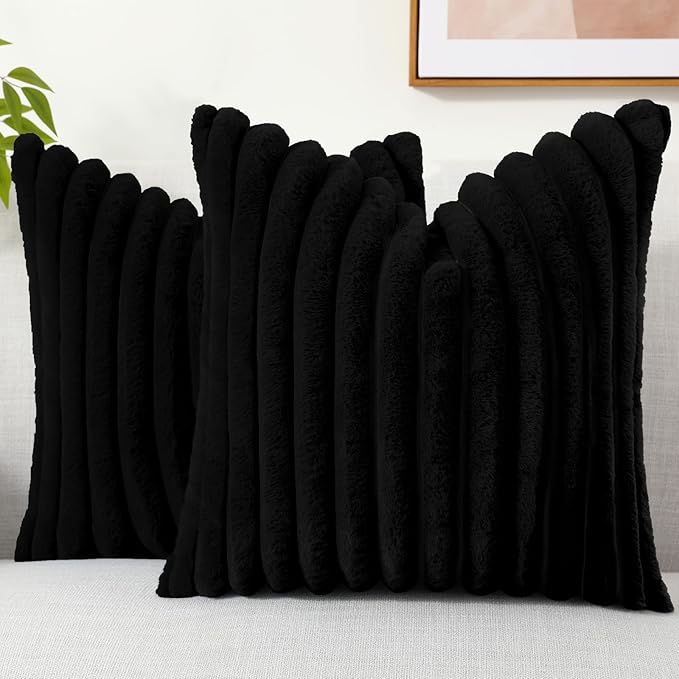 decorUhome Faux Fur Spring Throw Pillow Covers 20x20 Set of 2, Decorative Soft Plush Striped Neutral Couch Euro Pillow Covers with Velvet Back for Sofa, Bed, Living Room Home Decor, Black