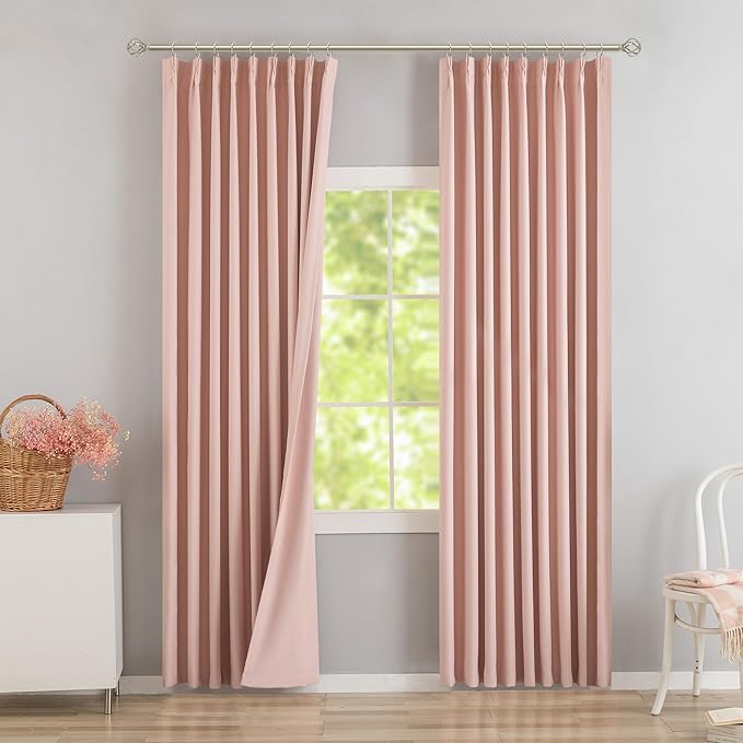 DONREN Baby Pink 60 inch Wide Pinch Pleated Blackout Curtains with Hooks - 95 inch Length Room Darkening Thermal Insulated Window Curtain Panels for Patio Sliding Glass Door,Pack of 2
