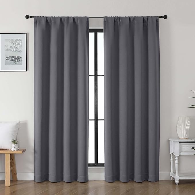 Gwine Charcoal Grey Blackout Curtains for Living Room 72 inches Long, Noise Reducing Room Darkening Window Treatment Curtains for Bedroom, Farmhouse Decor with Rod Pocket, Each 40" Wx72 L,2PCS