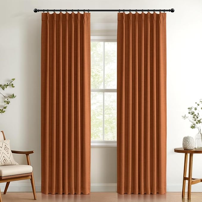 100% Blackout Shield Linen Look Textured Pinch Pleated Curtains Blackout Drapes 96 Inch Long 2 Panels Set, Faux Linen Blackout Curtains for Bedroom & Living Room, 40" W x 96" L, Burnt Orange