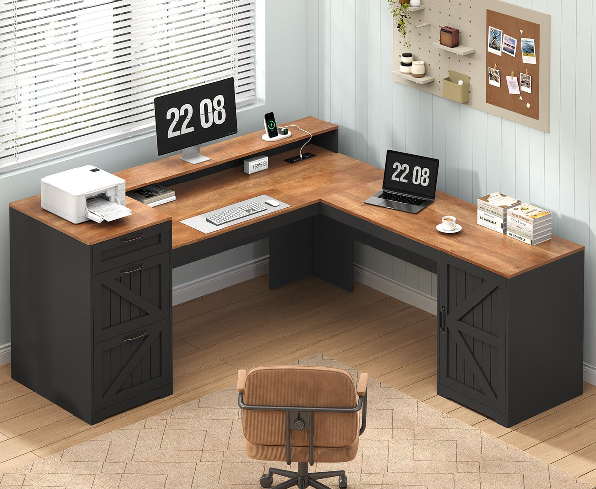 Farmhouse L Shaped Desk with Drawers and Storage Shelves, 59" L Shape Executive Desk with File Drawers and Power Outlet, Wood Corner Desk with Storage Cabinet for Home Office, Brown and Black