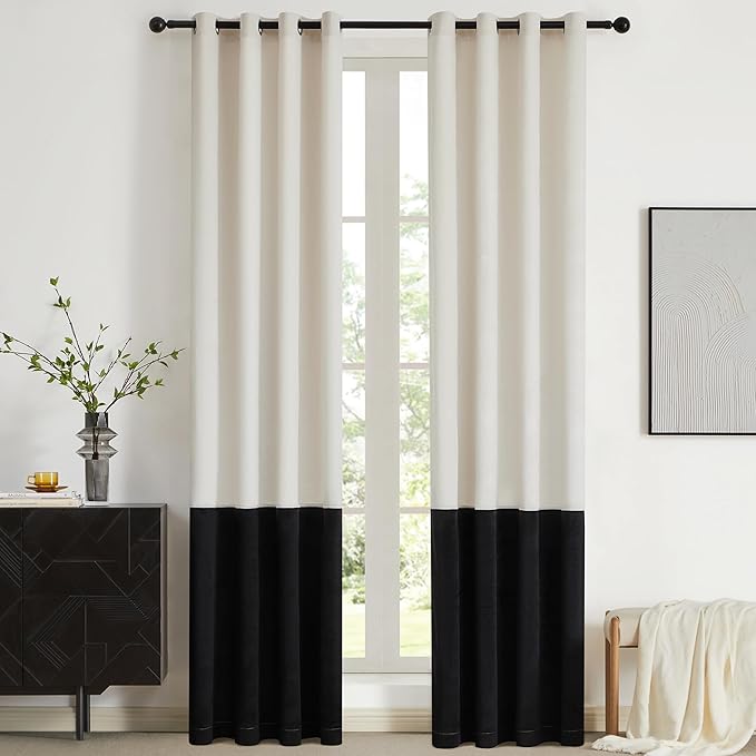 BULBUL Cream Black Color Block Window Curtains Panels 72 inches Long Velvet Farmhouse Drapes for Bedroom Living Roomm Darkening Treatment with Grommet Set of 2