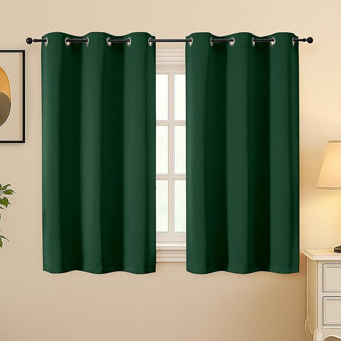 Simplebrand Ever Green Room Darkening Curtains for Bedroom 45 Inches Long 2 Panels Set, Sunlight Blocking Curtains for Small Windows, Grommet Energy Saving Thermal Insulated Short Drapes, 40Wx45L