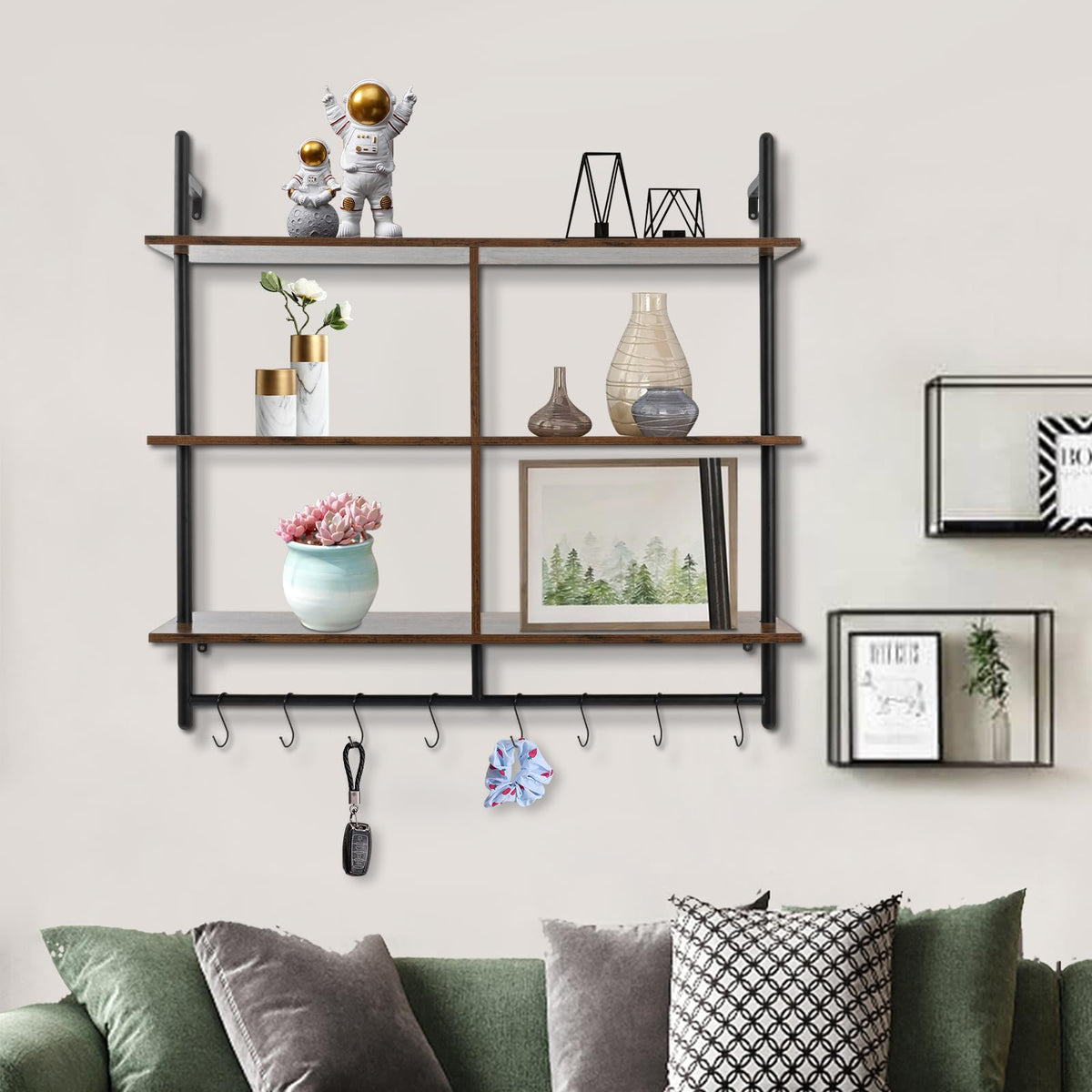 WTIOPJ 41 Inch Floating Shelves for Kitchen Wall Shelves for Bedroom Living Room Bathroom Bar Shelves, 3 Tier Industrial Pipe Shelving Metal Hanging Wall Shelf Unit with 8 Hooks