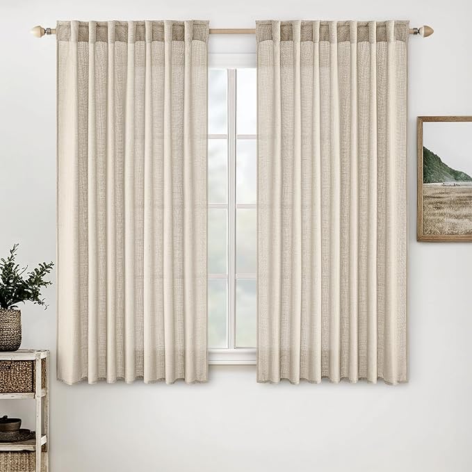 MIULEE Beige Linen Curtains 54 Inch Length 2 Panels for Bedroom Living Room, Soft Linen Textured Window Drapes Semi Sheer Light Filtering Back Tab Rod Pocket Farmhouse Modern Burlap Look Decor