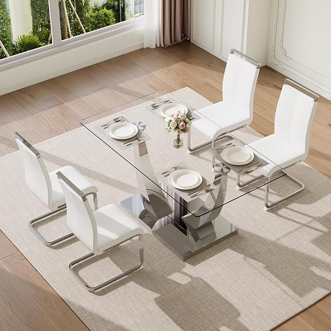 63” Glass Dining Table Set for 4,Modern Dining Room Table Set for 4, Kitchen Table and PU Leather Chairs, Dinner Table with Rectangle Tempered Glass Top and Chrome Silver Base