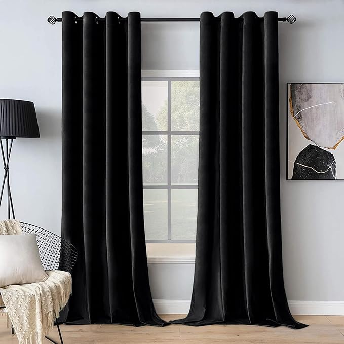 MIULEE Black Out Velvet Curtains 96 Inch Length for Room Darkening Long Blackout Curtains with Grommet Top for Bedroom/Living Room Light Blocking Thermal Insulating Soundproof Set of 2， Black