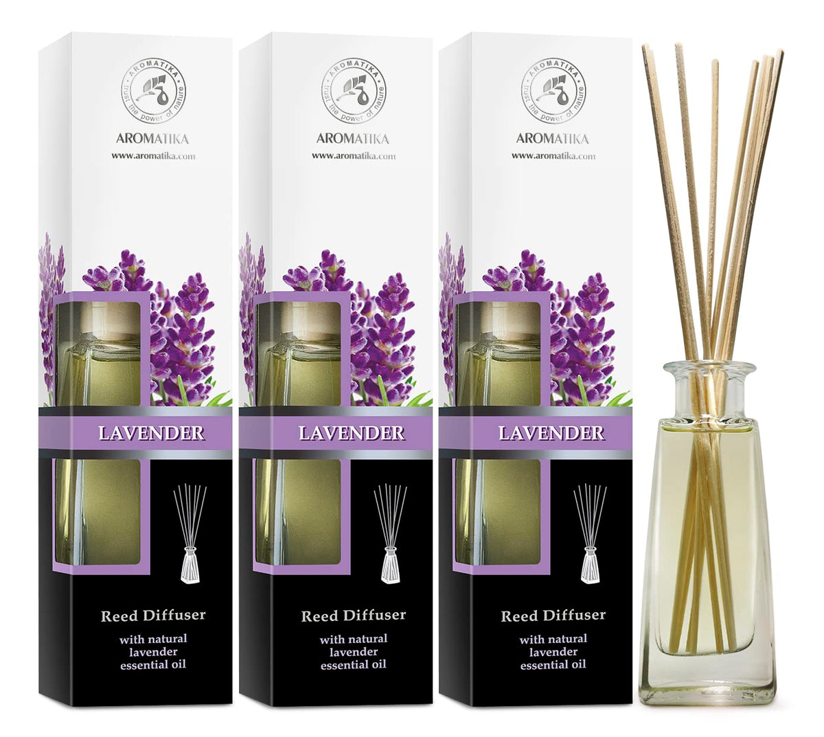 Reed Diffuser with Natural Essential Oil Lavender - 3 x 3.4 Fl Oz - Lavanda Diffuser - Scented Reed Diffuser - Gift Set w/Bamboo Sticks - for Aromatherapy - Home - Office - Fitness