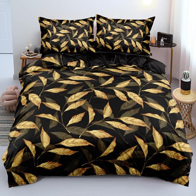 Trendy Flower Duvet Cover Set Twin Size for Gilrs and Boys Gold Leaves Sequin Bedding Comforter Cover Black Bed Set