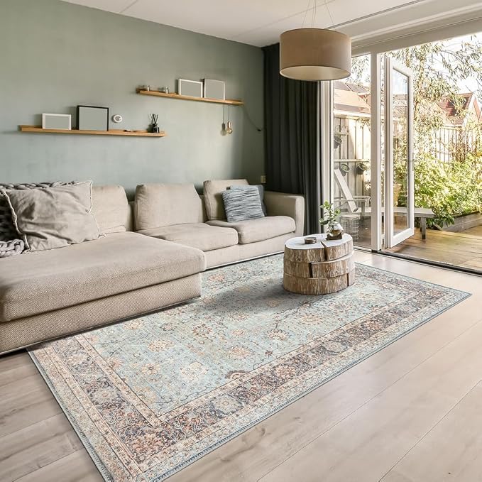 GLN Rugs Traditional Collection - Machine Washable Area Rug, Traditional Washable, Non Slip, Low Pile Chenille Rug, Living Room, Bedroom, Kitchen Rug (5'x7' Blue Floral)