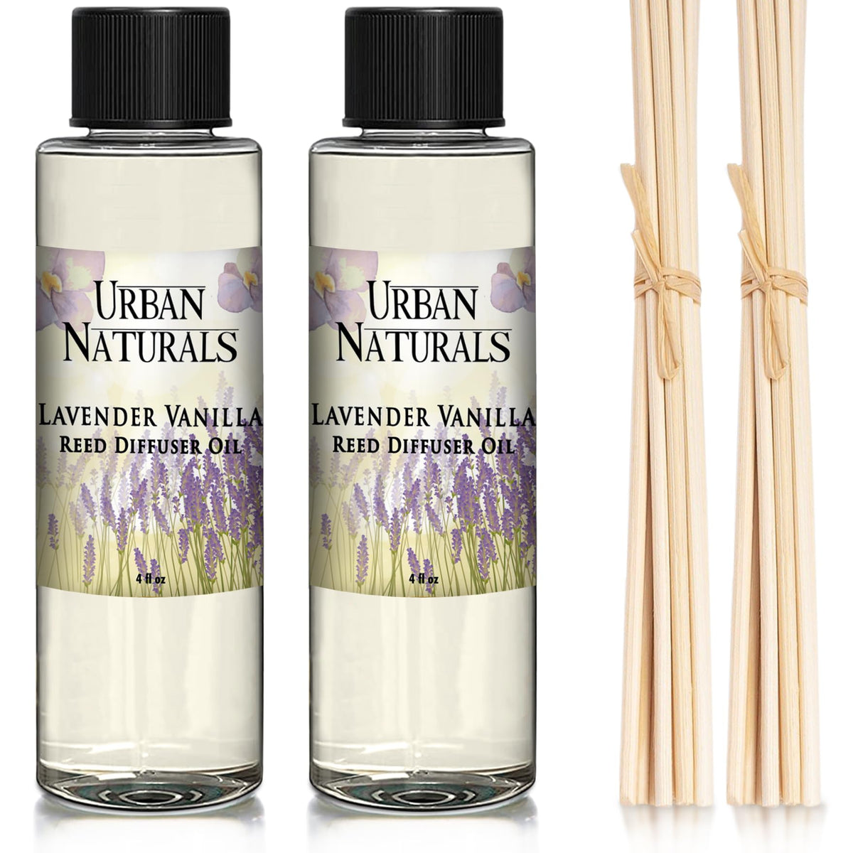Urban Naturals Lavender Vanilla Scented Oil Reed Diffuser Refill and Reed Sticks – Lavender Blossom, Creamy Vanilla, White Woods and Sugared Musk, 4 oz (2 Pack)