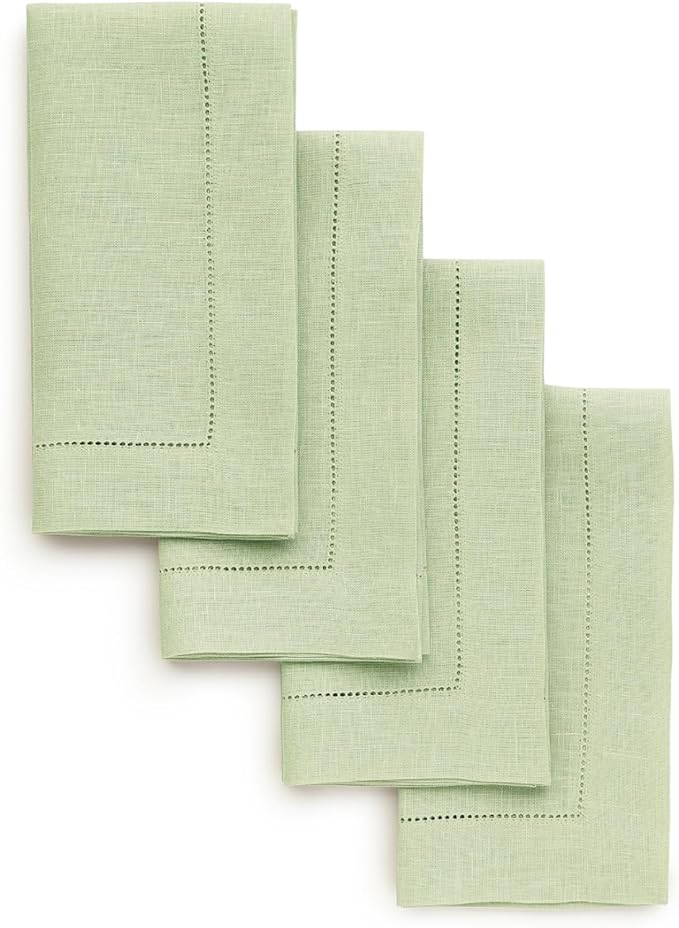 Solino Home Linen Napkins Set of 4 - Classic Hemstitch 100% Pure Linen Sage Green Dinner Napkins Cloth 20 x 20 Inch for Christmas, Winter, New Year - Handcrafted and Machine Washable
