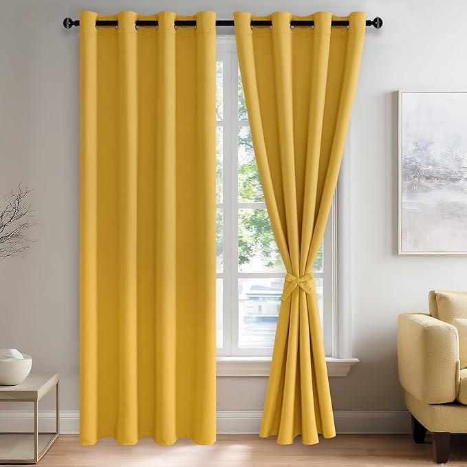 JIUZHEN Blackout Curtains with Tiebacks - Thermal Insulated, Light Blocking and Noise Reducing Grommet Curtain Drapes for Bedroom and Living Room, Set of 2 Panels, Yellow, 52 x 84 Inch Length