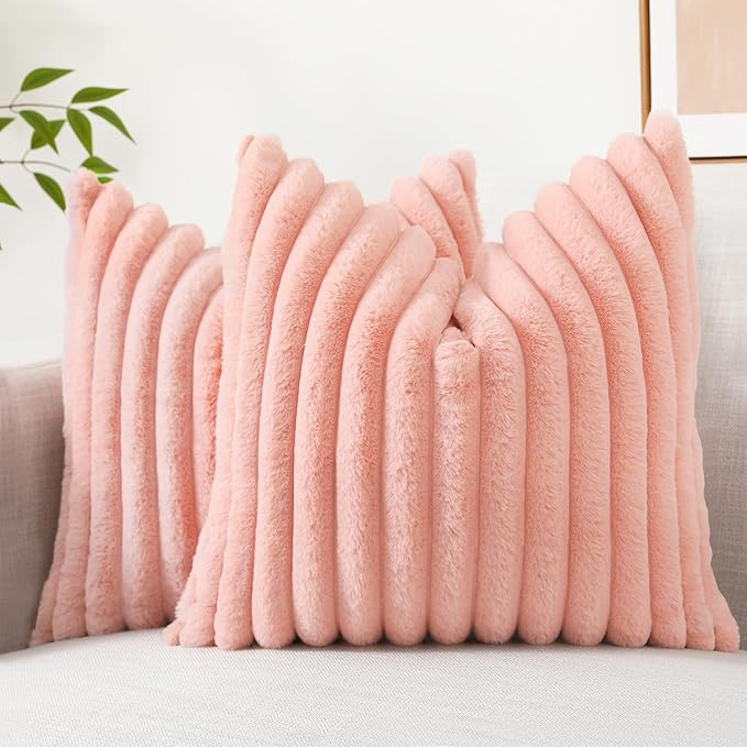 decorUhome Faux Fur Spring Throw Pillow Covers 18x18 Set of 2, Decorative Soft Plush Striped Neutral Couch Euro Pillow Covers with Velvet Back for Sofa, Bed, Living Room Home Decor, Blush Pink