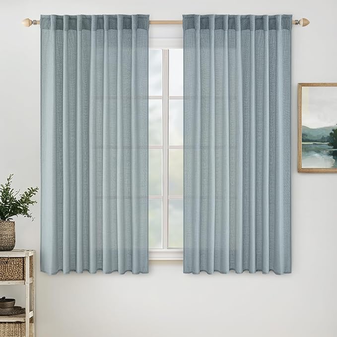 MIULEE Dusty Blue Linen Curtains 63 Inch Long 2 Panels for Bedroom Living Room, Soft Thick Linen Textured Window Drapes Semi Sheer Light Filtering Back Tab Rod Pocket Burlap Look Light Blue Decor