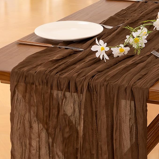 Socomi 3pcs Brown Coffee Christmas Cheesecloth Table Runner Boho Rustic Gauze 120 inch 10FT Cheese Cloth Runner for Wedding Party Baby Shower Birthday Home Decor Holiday Decorations