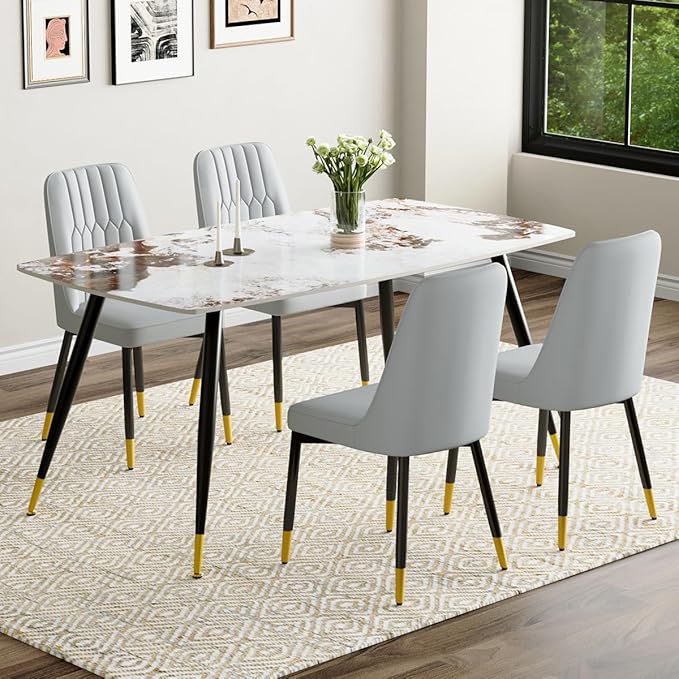 5 Piece Dining Table Set, 4 Chair Dining Table Set, Sintered Stone Kitchen Table Top and Modern Chairs Set of 4 for Kitchen Dining Room