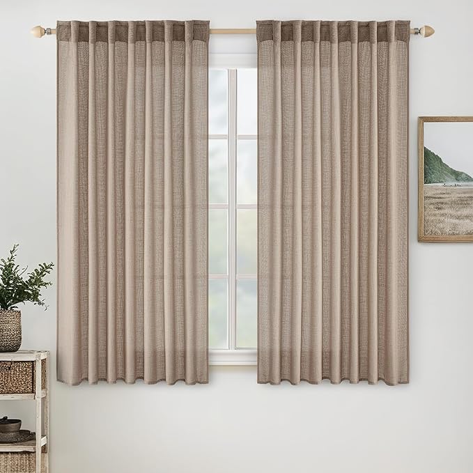 MIULEE Taupe Linen Curtains 63 Inch Length 2 Panels for Bedroom Living Room, Soft Thick Linen Textured Natural Window Drapes Semi Sheer Light Filtering Back Tab Rod Pocket Burlap Look Decor