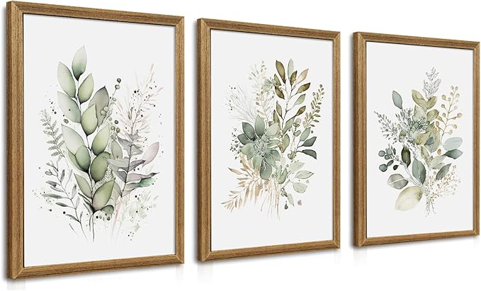 WRFON Watercolor Botanical Wall Art Set of 3 Boho Sage Green Wildflower Canvas Wall Art Prints Modern Floral Wall Decor for Bedroom Living Room Bathroom Decorations Wood Framed 12x16 Inches