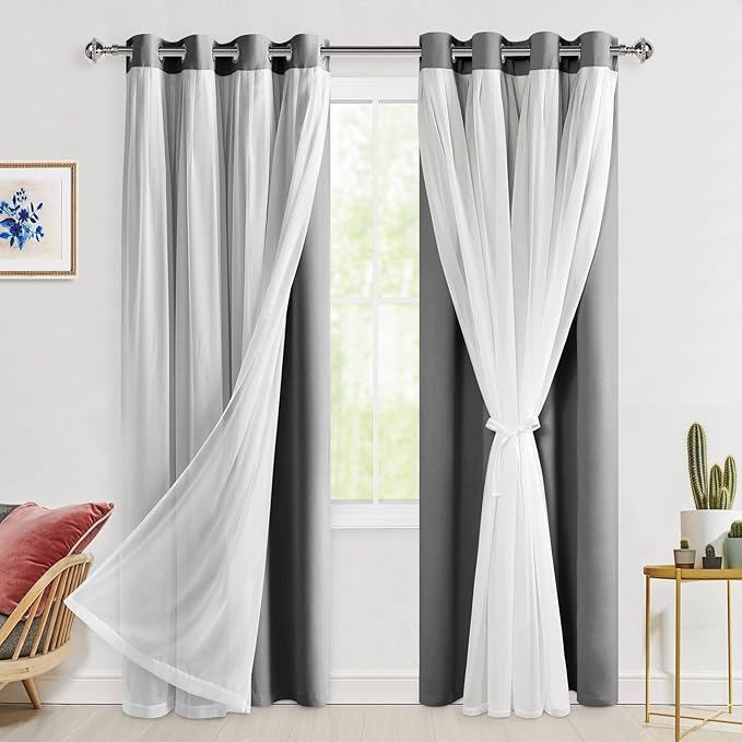 Hiasan Grey Blackout Curtains with Sheer Overlay, Grommet Thermal Insulated Privacy Mix & Match Double Layer Room Darkneing Curtains for Bedroom, Living Room, 2 Window Panels with Tiebacks, 52W X 84L