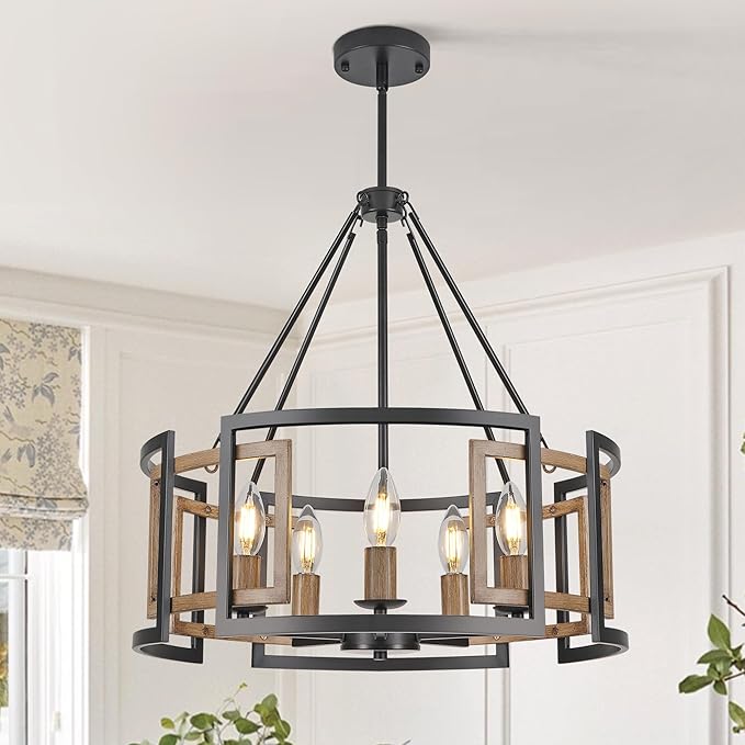 5-Light Drum Chandelier for Dining Room，19.7" Rustic Farmhouse Dining Room Light Fixture，Wood Grain and Vintage Black Metal Chandeliers for Kitchen Entryway Living Room