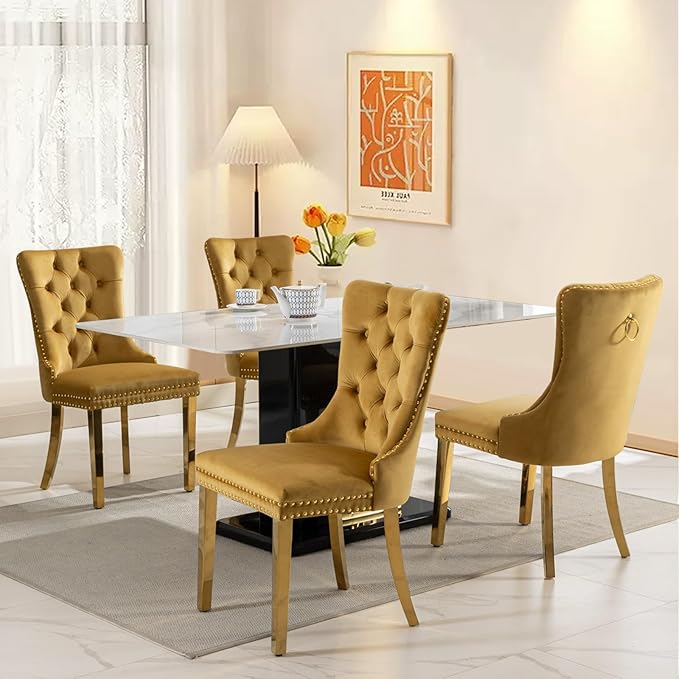 SoarFlash Velvet Dining Chairs Set of 4, Tall Back Side Chair, Modern Upholstered Side Chair with Button Back Ring, Gold Plated Stainless Steel Legs (Gold)