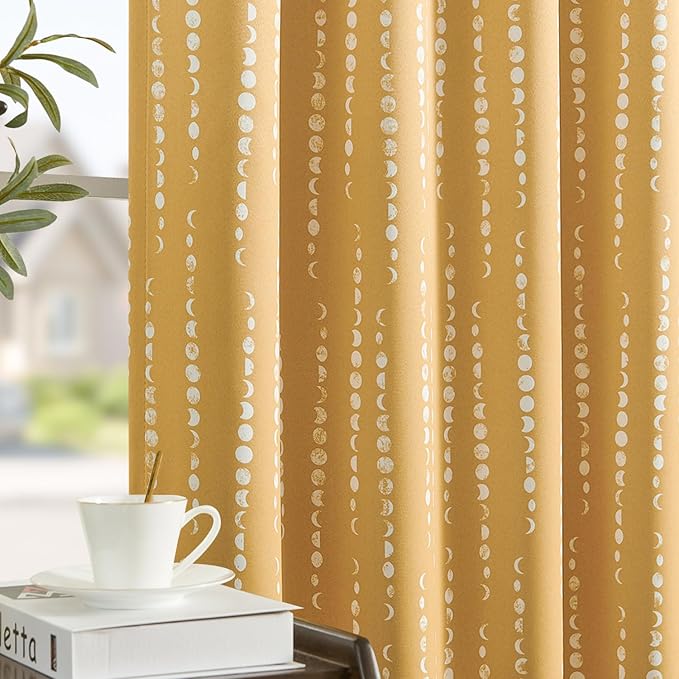 jinchan 95% Blackout Boho Curtains 96 Inches Long Mustard Moon Phases Printed Drapes Rod Pocket Thermal Insulated Curtains for Bedroom Nursery Yellow Window Drapes Curtain Set 2 Panels